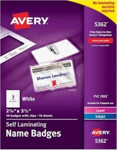 Avery Customizable Self-Laminating Name Badges with Clips, 2.25" x 3.5", White Printable Inserts, 30 Clip Style Laminate