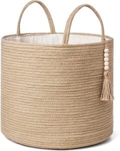 Mkono Woven Storage Basket for Blanket, Toys Plant Organizer, 16"W x 13.8"L | Brown, Jute, Decorative Basket w