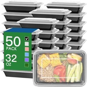 50 Pack (100-Piece) 32 oz Meal Prep Containers with Easy Open Lids, Black | Sturdy Leakproof & Food Safe, Microwave, Fre