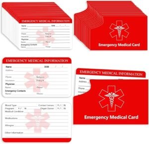Medical Alert Emergency Contact Cards, 100 Pack Wallet Size Information ID Cards with Protective Sleeves for Caregivers,