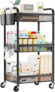 YASONIC 3 Tier Metal Rolling Cart, Black Utility Storage Cart with Wheels | Metal Mesh Craft Cart With Hooks & Hanging C
