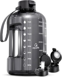 AQUAFIT 1 Gallon Water Bottle with Time Marker | BPA Free 128 oz Water Bottle with Straw and Chug Lids - Leakproof Gym W