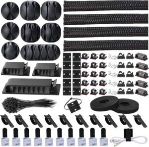 N NOROCME 192 PCS Cable Management Kit 4 Wire Organizer Sleeve | 11 Cable Holder,35Cord Clips 10+2 Roll Cable Organizer