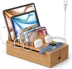 Pezin & Hulin Cell Phone Charging Station for Multi Devices-Natural Bamboo | All in One Desktop Charger Organizer, with