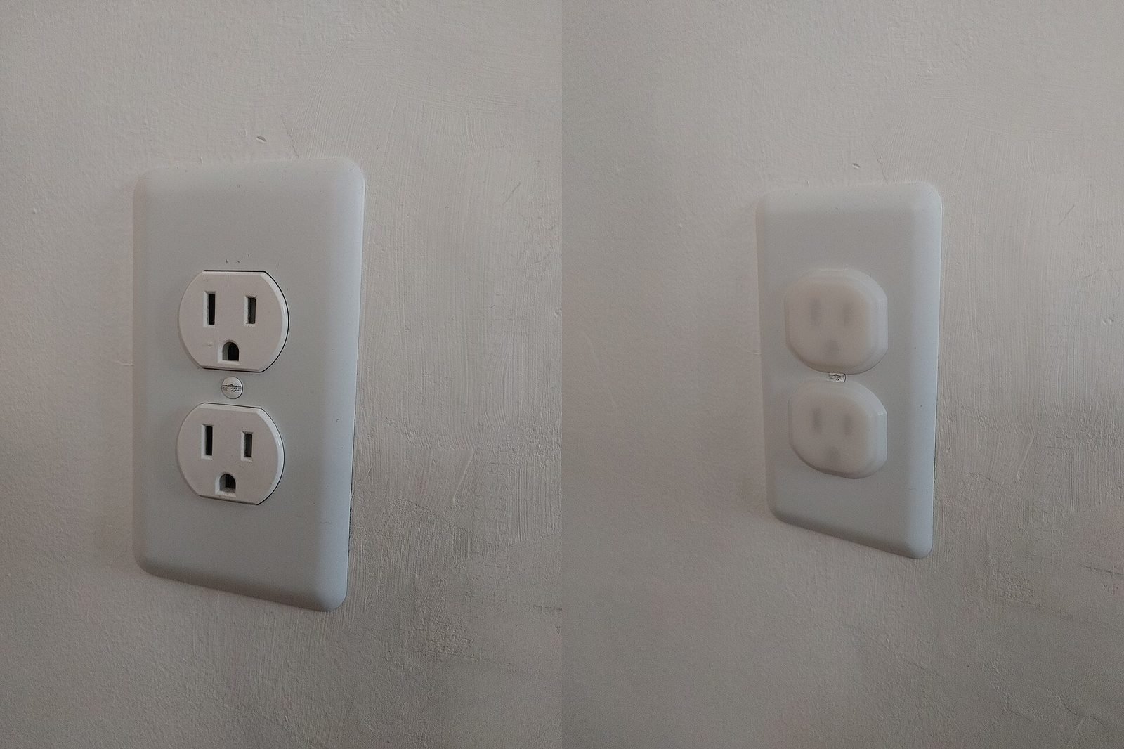 Wall outlet shown uncovered and with child safety plug covers