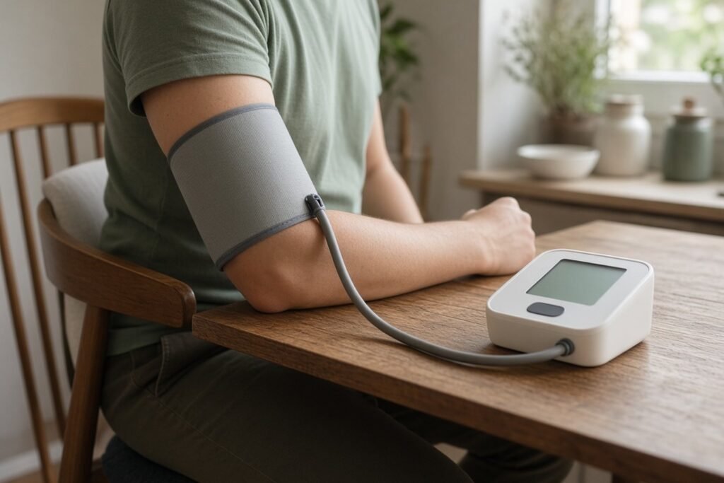 Person seated at a table measuring blood pressure with an upper-arm cuff, arm resting at heart level